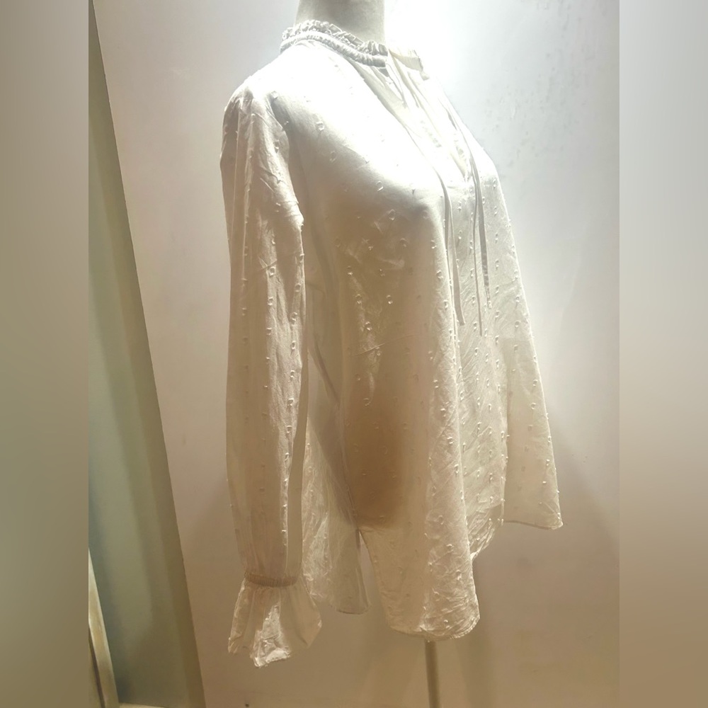 Etcetera White Dotted Swiss Tunic Tie Neck Gathered Cuffs Sz M NWT - Picture 12 of 15